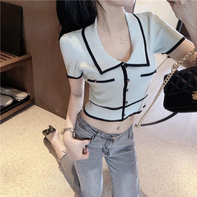 Summer Retro Color Block Knit Top with Turn-Down Collar - Slim Fit Ice Silk Short Sleeve Crop T-Shirt