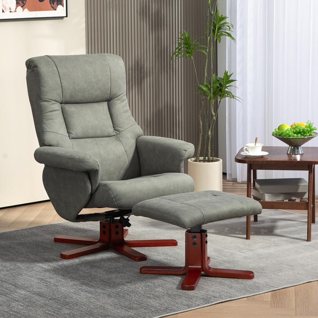 Faux Microfibre Leather Manual Recliner and Footstool Set - Grey