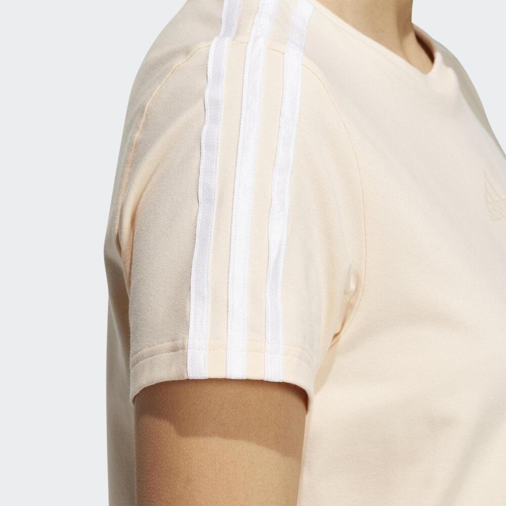Adidas Three Stripe Sports Training Casual Cotton Soft Crew Neck Short Sleeve T-Shirt Women T-Shirts Beige HM7084