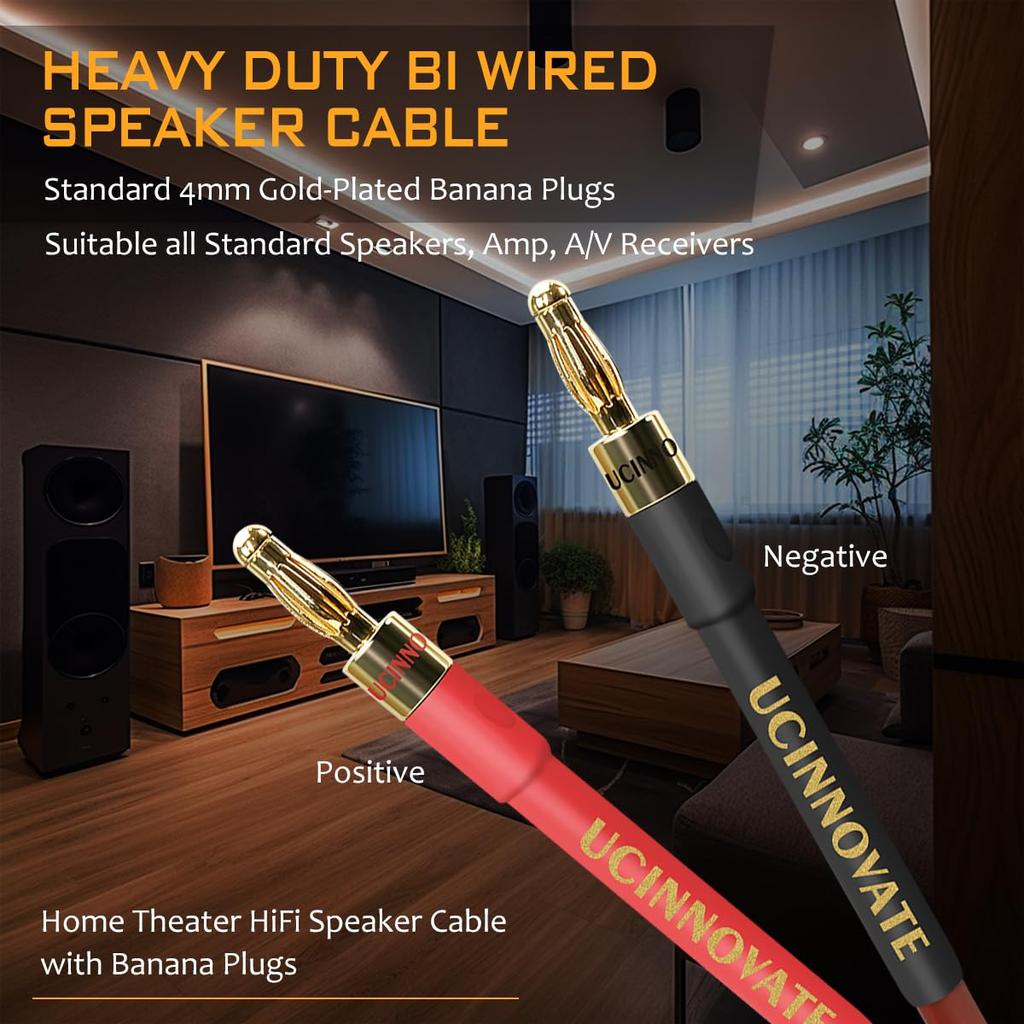 UCINNOVATE Speaker Cable with Banana Plugs 2-Pack 9.8ft/3m 14 Gauge OFC Speaker Wire Gold-Plated Banana Plugs for Home Theater Hi-Fi Audio Amp