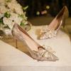 Fashion High Heels Women Silver Chunky Glass Slipper Wedding Shoes Two Wear Gold Mid-Heel Bridesmaid Shoes