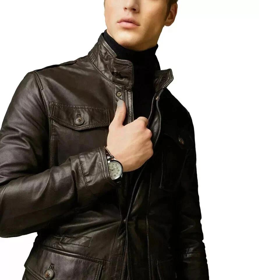 Real Leather Trench Coat Handmade Brown Stylish Overcoat Men's Genuine Lambskin