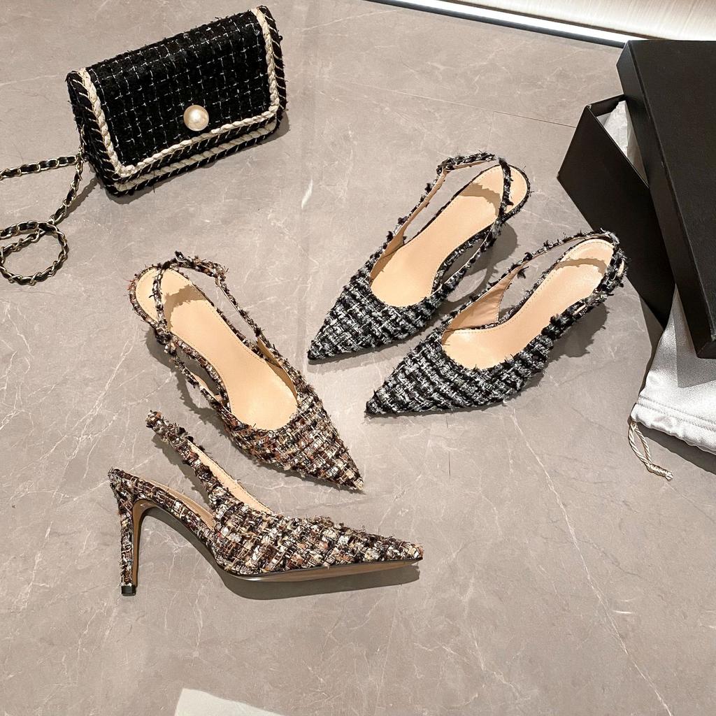 Huizhou 2025 New Sheepskin Bag Head Rear Empty Sandals Fine Heel Coarse Woolen Pointed Head Dark Brown Black European and American Feeling