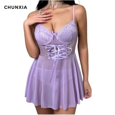 New Purple Mesh See-through Suspender Nightdress Splicing Lace Pure Desire Sexy Nightdress Women