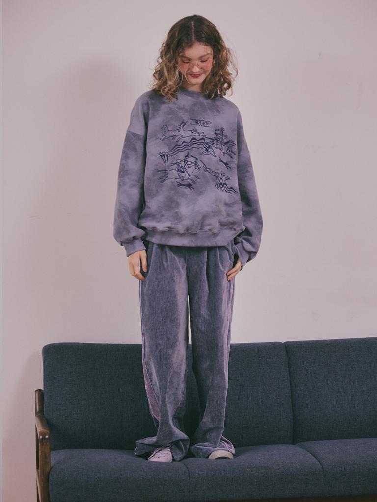 YUGADANG Hunting Scene Fleece-Lined Sweatshirt Oversized Navy