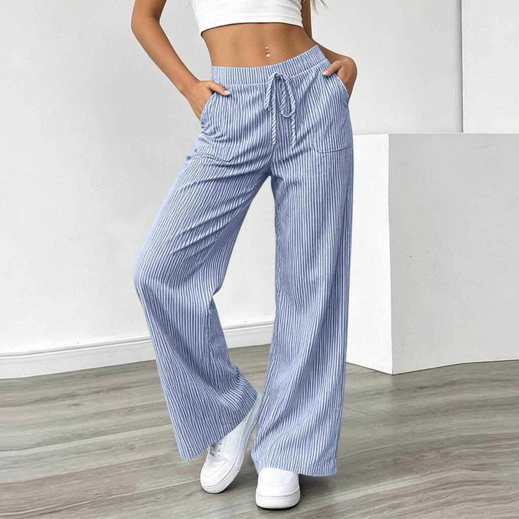 Pantalon Casual Rayé Ample à Taille Serrée Jambes Larges pour Femme avec Poches pour un Port Quotidien Confortable
