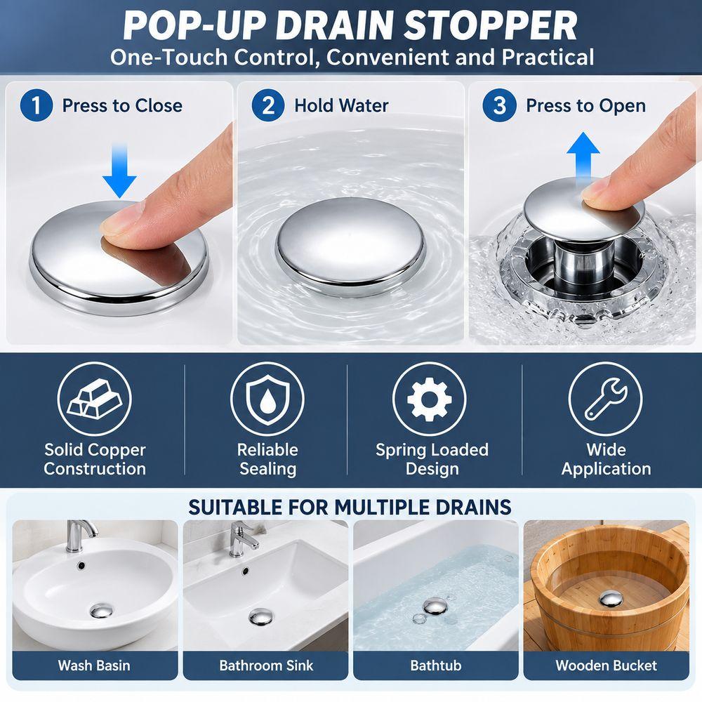 Copper Basin Drain Stopper Pop-up Wash Basin Plug New Pop-up Drain Plug for Bathtub
