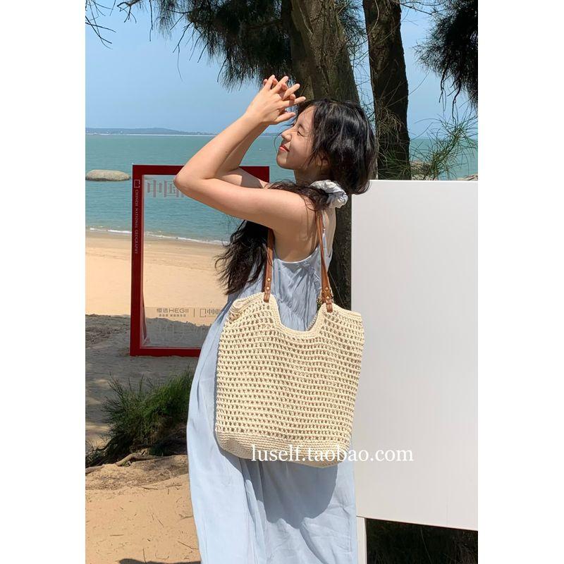 

Luself Seaside Holiday One-Shoulder Versatile Straw Bag Creamy-white (with zipper