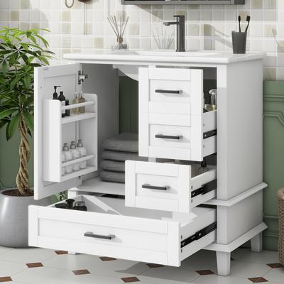 76x46x83,5cm Stand-Badezimmerschrank mit Waschbecken, Waschtisch, Lackierung, Türablage, drei geräuschlose Schubladen, integriertes Keramikwaschbecken, weiß