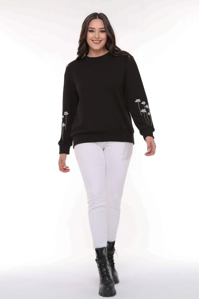 Women's Style Big Size Sweatshirt Sweatshirt With Flower Embroidery On Sleeves