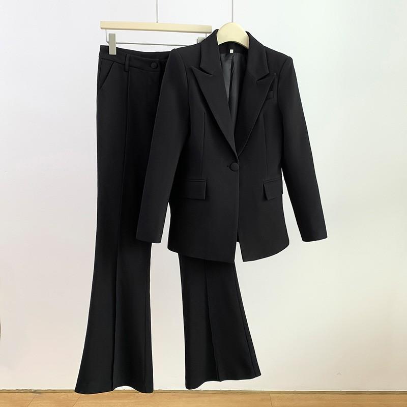 European and American Star Style Professional Suit Set, One-Button Long Blazer with Flared Pants Two-Piece Set for Women