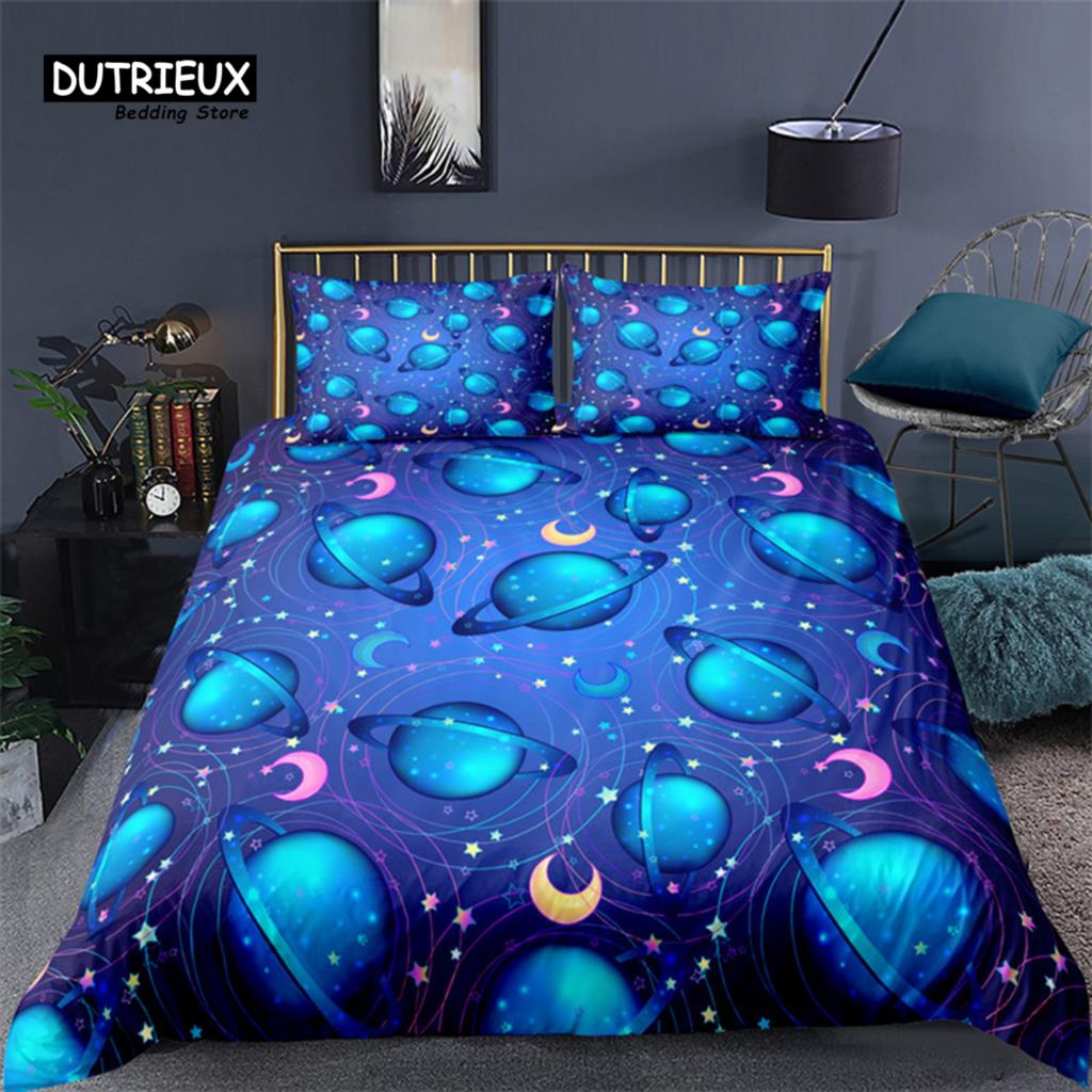 Cartoon Starry Sky Bedding Set Microfiber Romantic Universe 3D Print Duvet Cover For Kids Teen Boy Girl Festival Gift Room Decor
