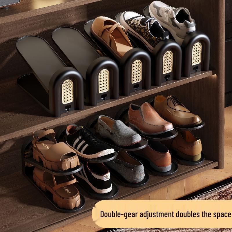 Retro-Style Rattan Double-Layer Adjustable Shoe Rack and Cabinet