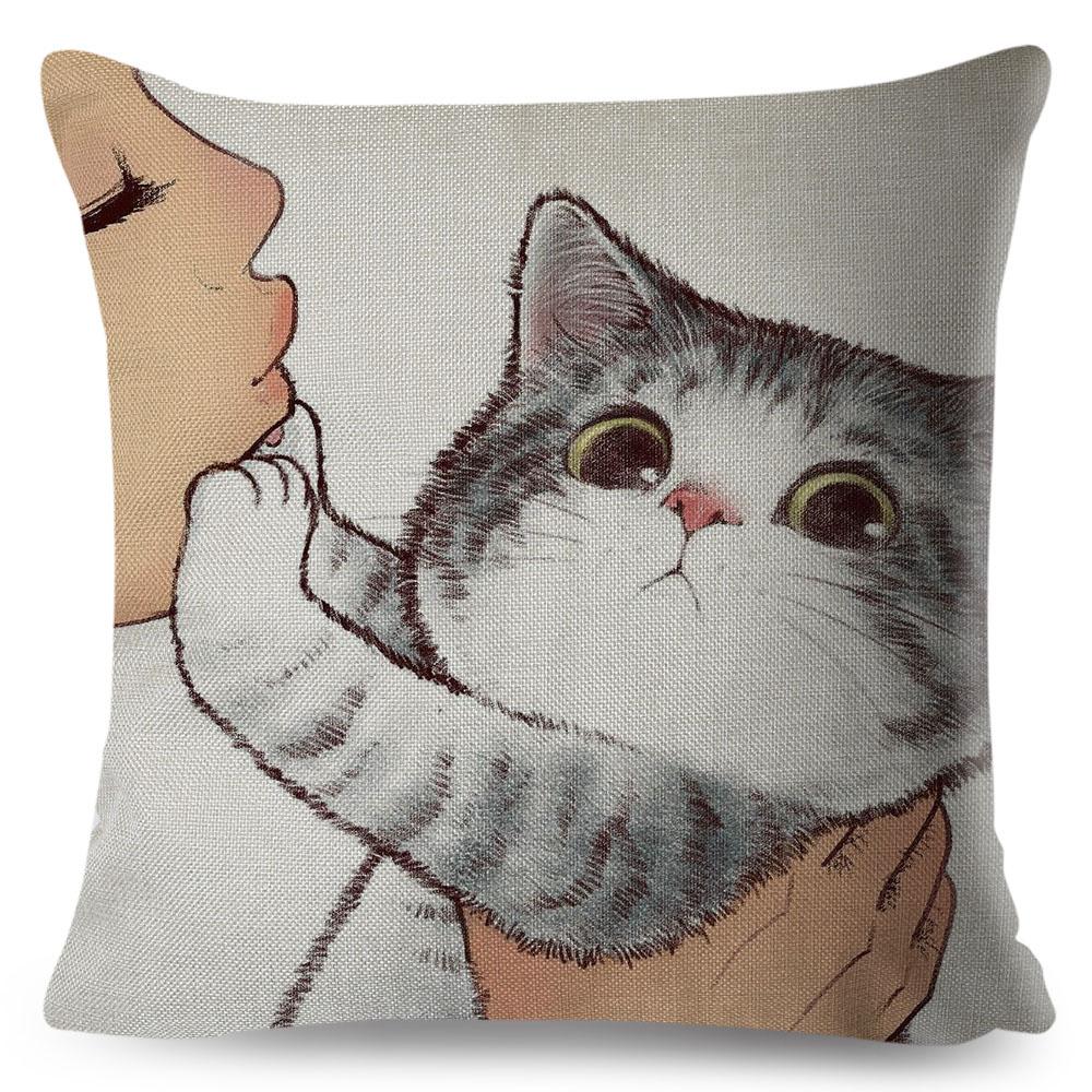Lustige Liebe Kuss Niedliche Katze Kissenbezüge für Sofa Zuhause Auto Kissenbezug Kissenbezüge Dekor Cartoon Kissenbezug 45x45cm