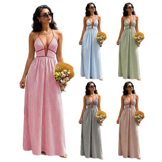 Women's Halter Striped Maxi Dress Sleeveless Deep V Neck A Line Sundress Summer A-Line Beach Vacation Dress