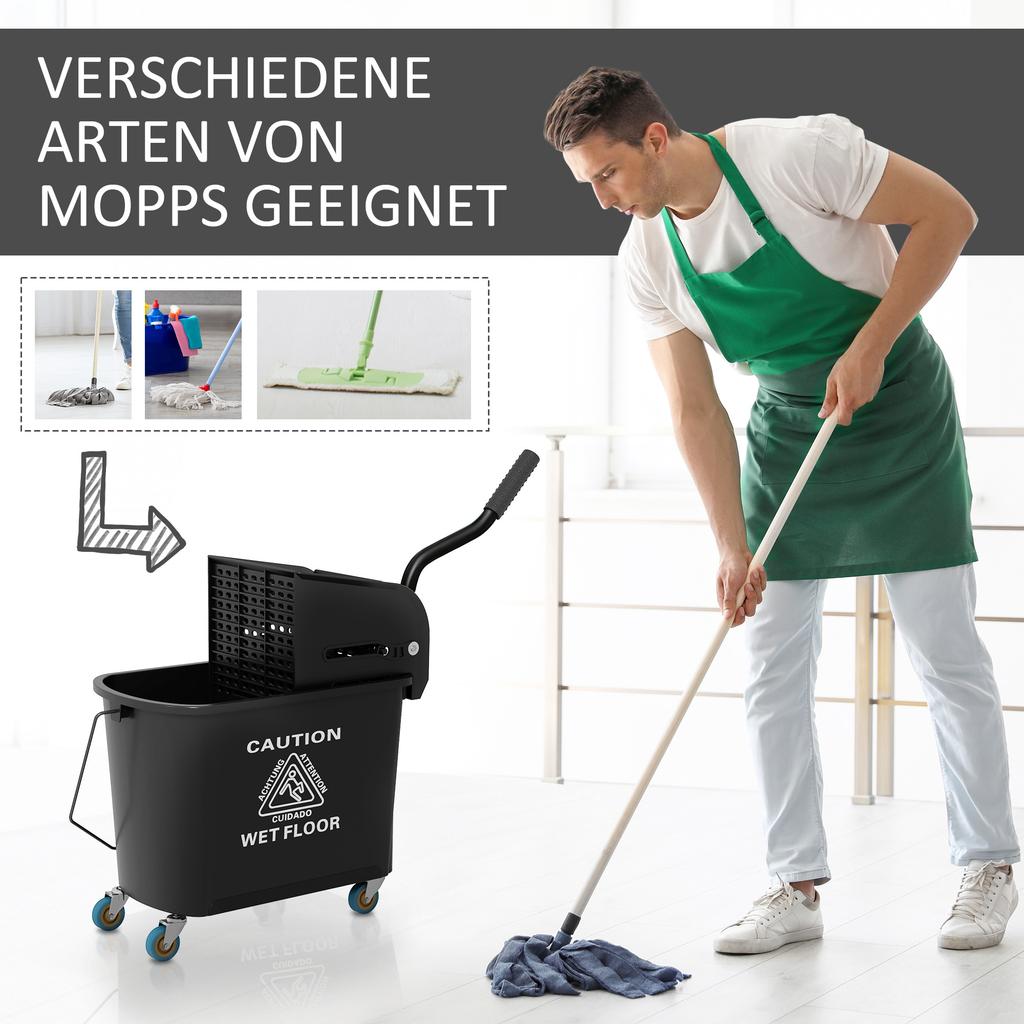 20L Kompakter Wischmopp-Eimer auf Rädern, mit Wasser-Trennplatte - Schwarz