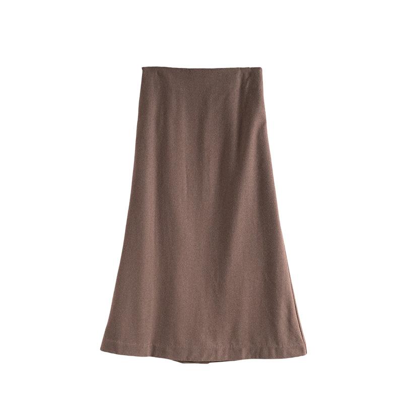 Maslan High Waisted Straight Tube Slim Fit Solid Color Sheep Wool A-Line Mid Length Skirt