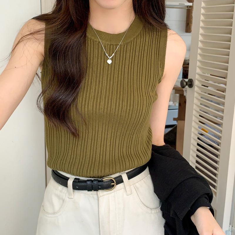 Solid Color Short Knitted Crew Neck Vest Women's Inner Summer Sleeveless Vest Slim Fit Wide Shoulder Strap Outer Bottom Top