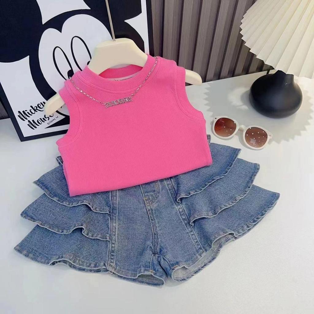 Girls' Summer Set Korean Sleeveless Vest Solid Color Sweet and Trendy Pleated Skirt Pants Stylish and Trendy