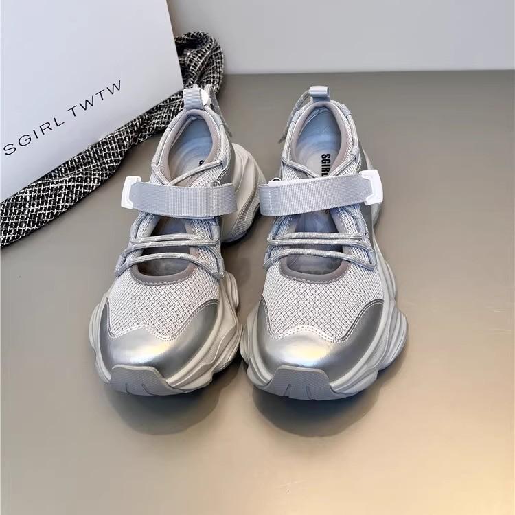 2025 Summer New Thick-soled Heightened Silver High-end Dad Shoes Women's Hollow Breathable Sports Mesh Shoes Sandals