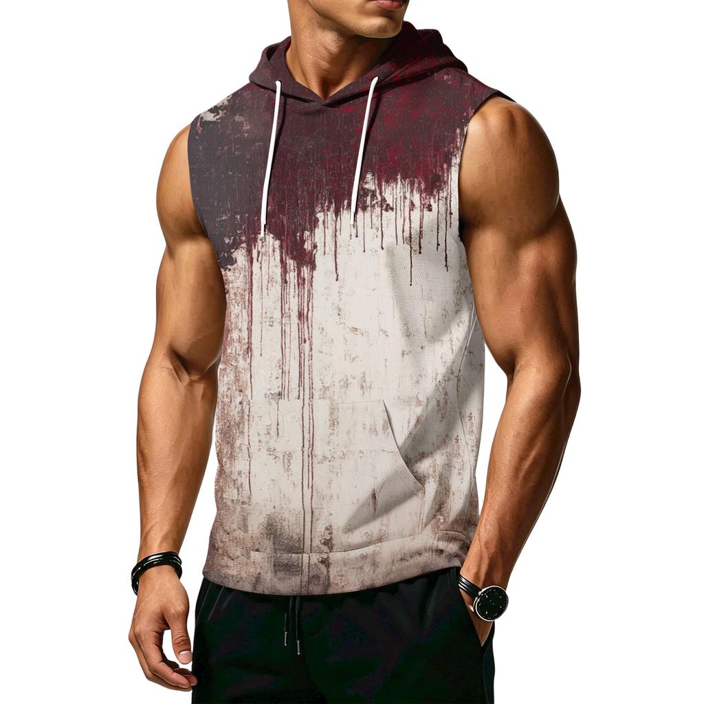 Men's Print Sleeveless Hoodie with Pockets and Drawstring - Casual Tank Top Vest for Outdoor Sports