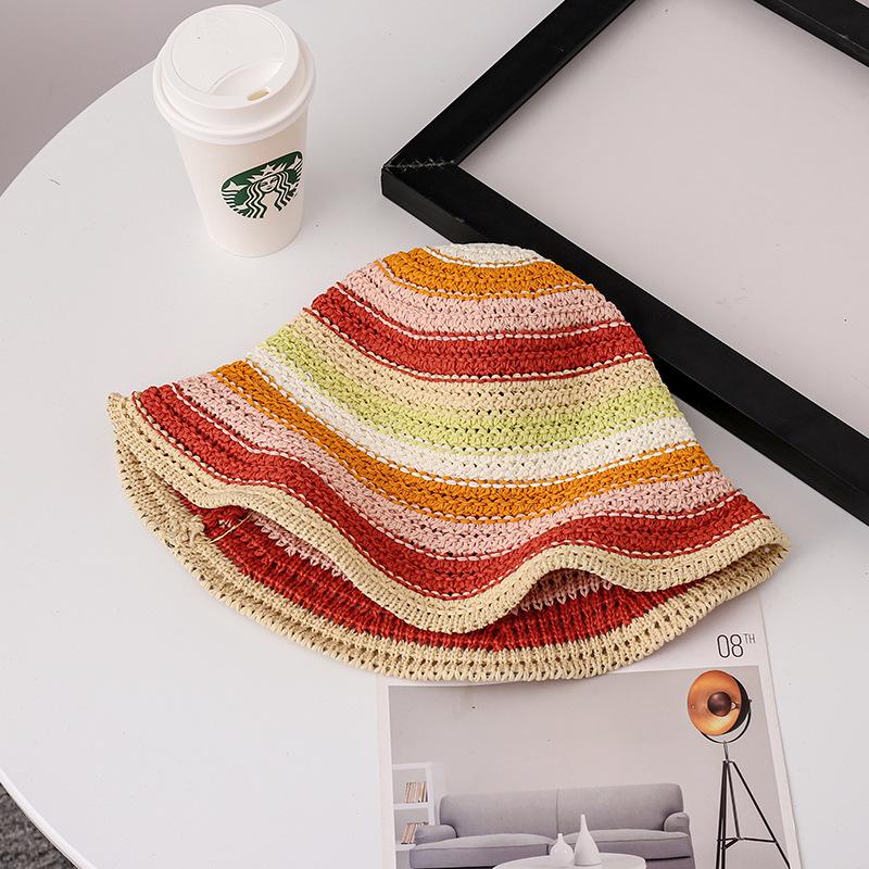 Hyunya Wind Rainbow Straw Bucket Hat Female Summer Breathable Sunshade Sunscreen Bucket Hat Show Face Small Straw Hat