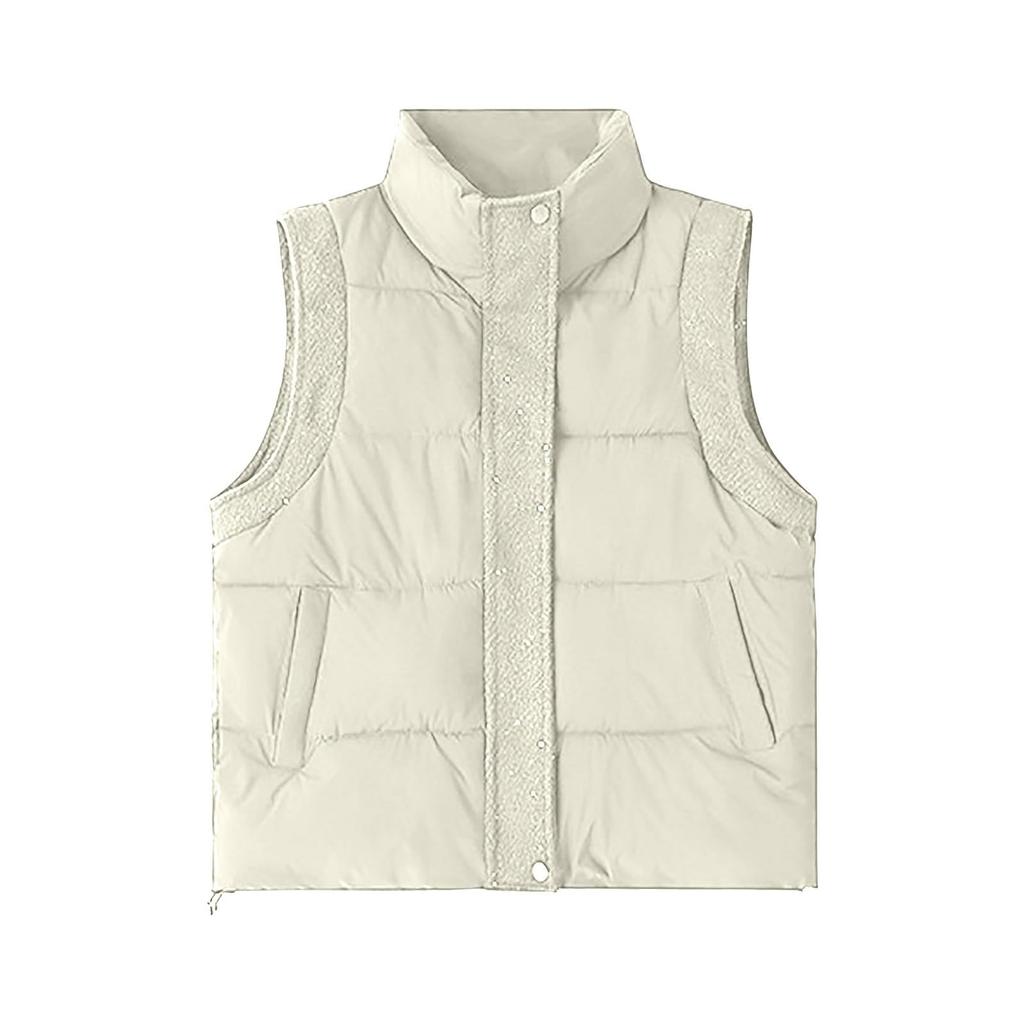 Women's Fashion Casual Puffy Down Jacket With Knitted Sleeves - Solid Color Vest Coat
