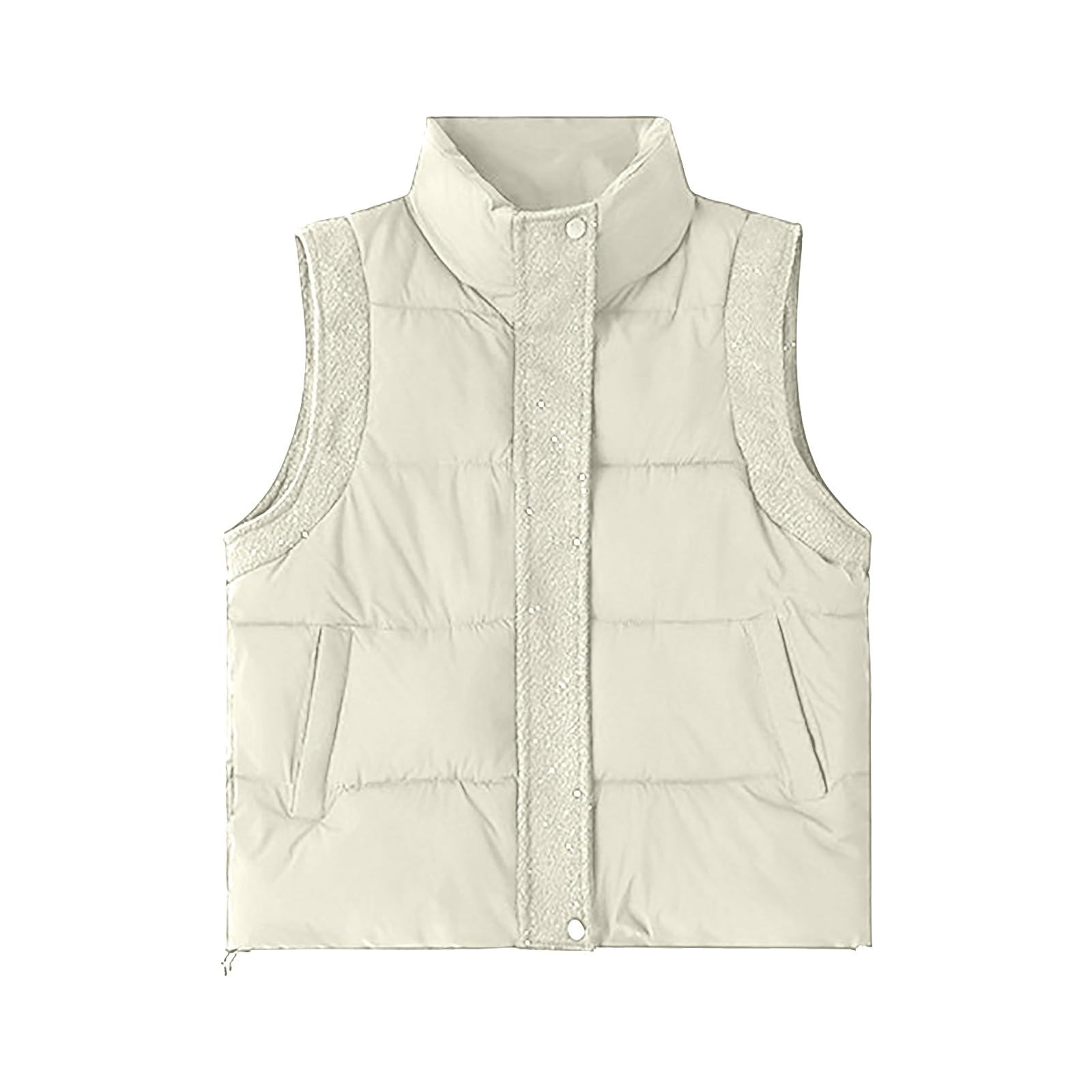 

Women s Fashion Casual Puffy Down Jacket With Knitted Sleeves - Solid Color Vest Coat L бежевый