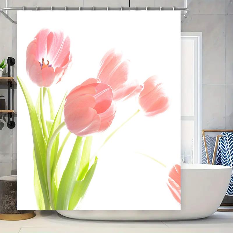 Pink Tulip Shower Curtain Set Bath Decor for Kids Bathroom Waterproof Fabric with Hooks (White)