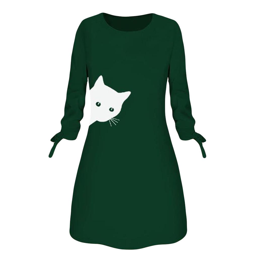 Women Fashion Printed Cat  Bow  Long Sleeve Blouse  Dress