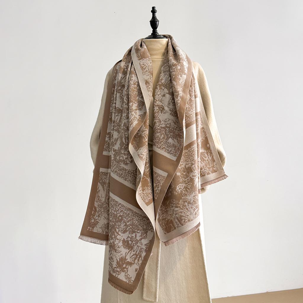 Elegant Ladies' Pashmina Autumn & Winter Thick Warmth Double Sided Tassel Printing Shawl Coldproof Windproof Blanket Scarf