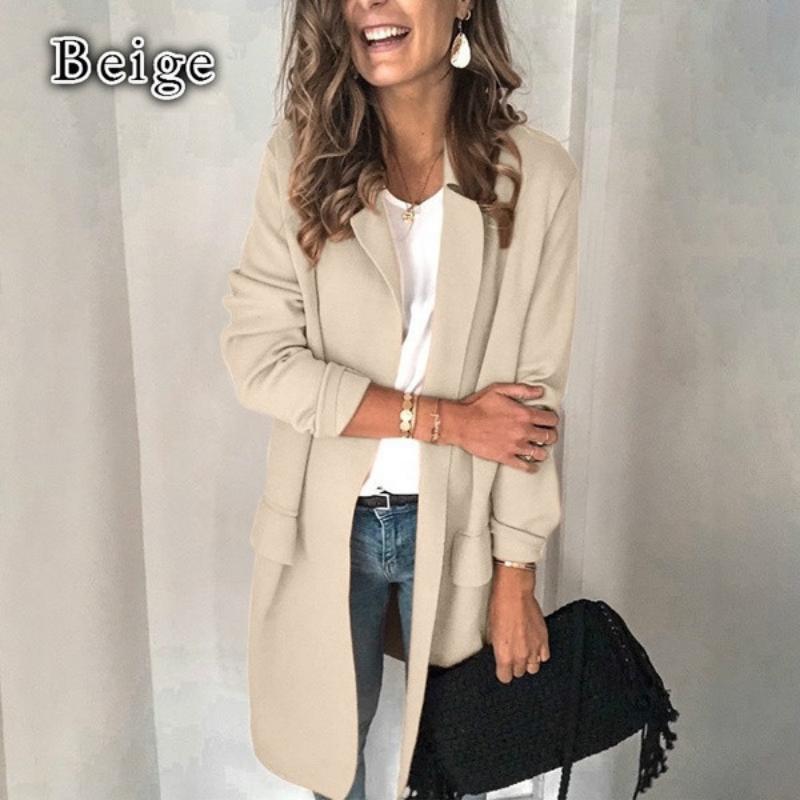 

2026 New Women s Solid Color Long Sleeve Blazer, Mid-Length Jacket with Decorative Pockets for Spring Autumn Office Wear XXXL абрикосовий