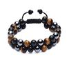 Men’s Double Layer Bracelet with Tiger Eye and Black Iron Stones, Woven Beaded Design