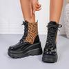 Fashion Leopard Color Block Single Boots Women's Fashion Round Toe Platform Lace-Up Front Non-Slip Wear-Resistant Wedge Booties