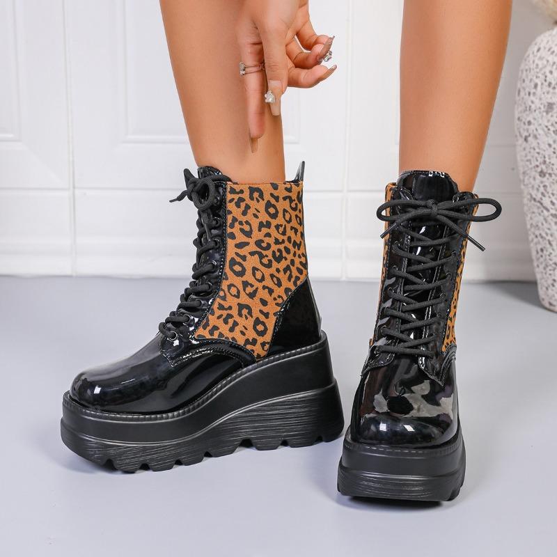 Fashion Leopard Color Block Single Boots Women's Fashion Round Toe Platform Lace-Up Front Non-Slip Wear-Resistant Wedge Booties