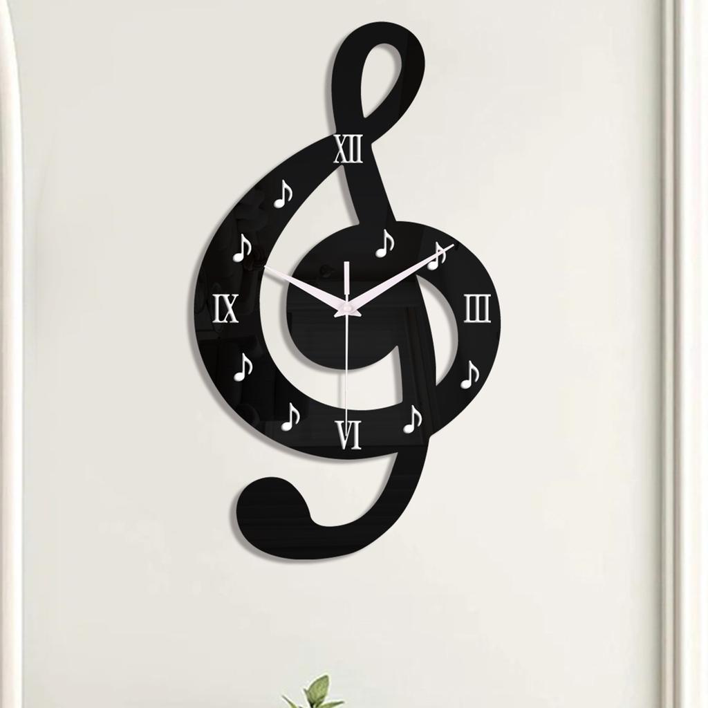 Modern Acrylic Analog Black Wall Clock With 3D Musical Note Design Roman Numerals Quiet Movement Easy Installation