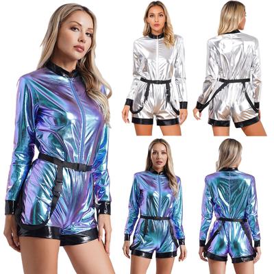 Mono Metálico Brillante de Astronauta para Mujer Cinturón de Cintura Cremallera Frontal Pantalón Corto Body Disfraz