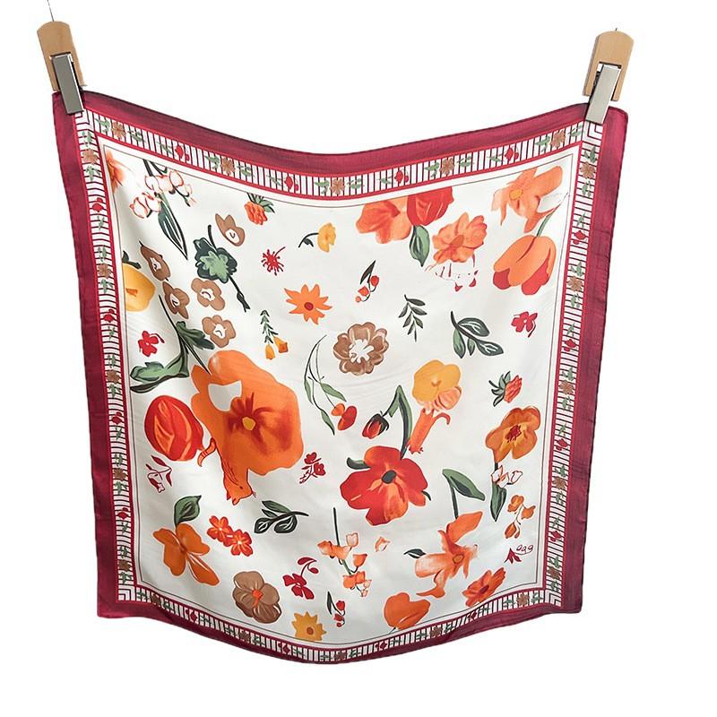 Korean Version of Spring Versatile Flower Small Square Scarf Small Fresh Chest Wrap Headscarf Decorative Scarf Neck Small Scarf Small Silk Scarf
