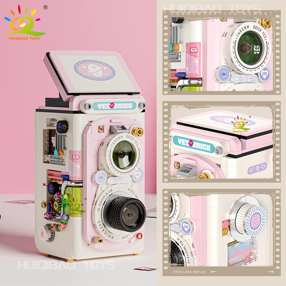 Moc Não Tóxico Vintage Coelho Cor de Doce Máquina de Câmera Mini Modelo Blocos de Construção Diy Micro Ornamento Tijolos Brinquedos Presente para Adulto