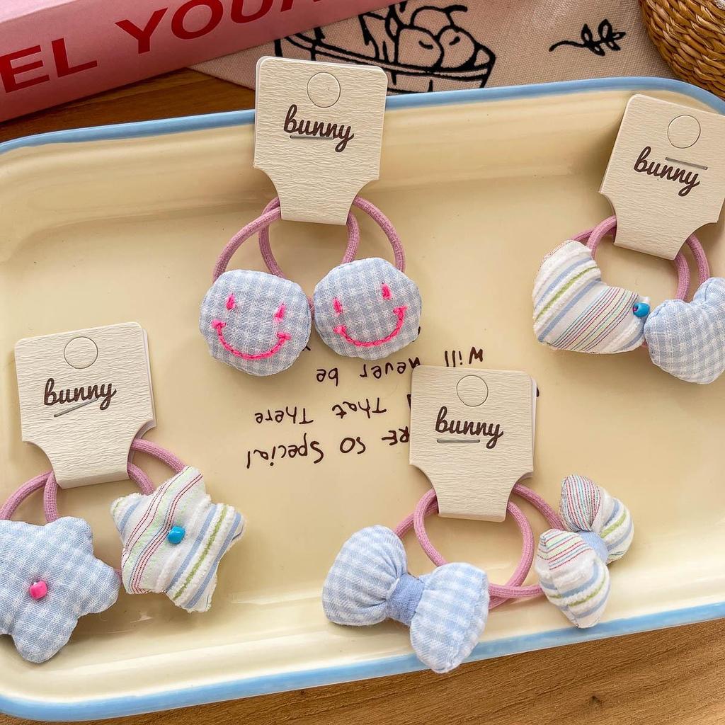 Blue Heart Plaid Bow Hair Clip & Rubber Band Set for Kids