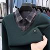 Men's Winter Faux Two-Piece Sweater with Shirt Collar and Velvet-Lined Knitwear