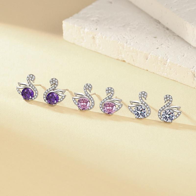 2026 Exquisite Fashion Light Luxury Micro-inlaid Zircon Three-color Swan Set Earrings Niche Simple and Versatile Super Flash Earrings