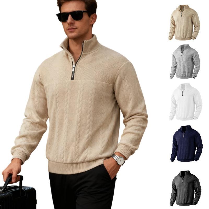 Men Loose Stand Collar Long Sleeve Half Zip Jacquard Knit Warm Pullover Sweatshirt
