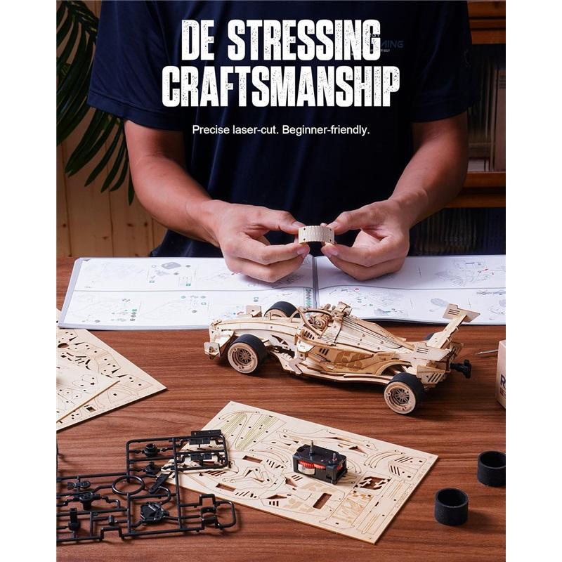 3D Wooden Puzzle Racing Car Model Kits 5H Build 8-10M Forward Mechanical Roaring Engine for Adults Teens Kids