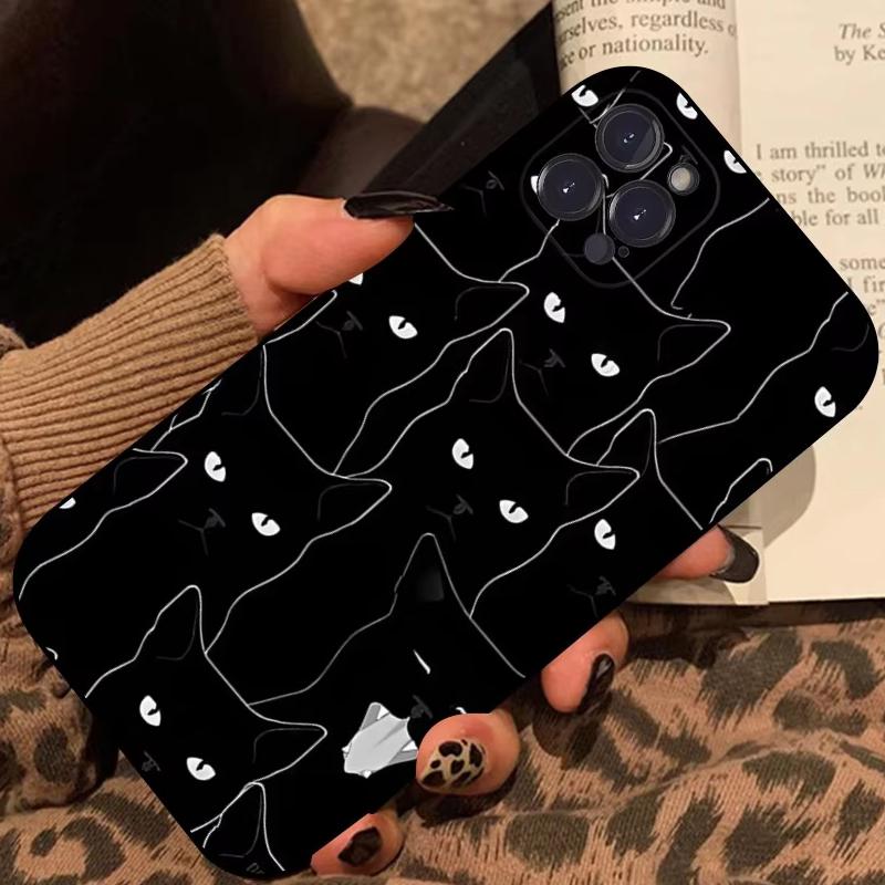 Cartoon Black Cat Line Phone Case For iPhone 15 11 12 14 13 Pro Max Mini XSM XR SE 7 8 Plus Cute Kitten Mobile Phone Cover Funda