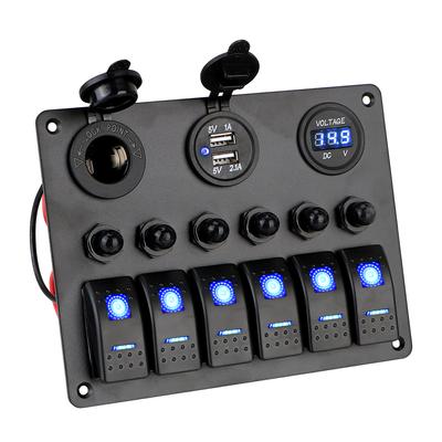 Acessórios Interiores Carro Marinho Barco Circuito LED Disjuntor 6 Gang Painel Interruptor Basculante Painel de Alumínio Voltímetro Digital DC 12V/24V Portas USB Duplas