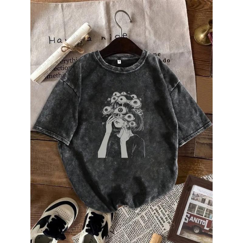 

European sizes Men s Washed Cotton Short-sleeved T-shirt Retro Loose Fit Cool Trendy Comfortable Men s Tee Tops Casual Wear S чёрный