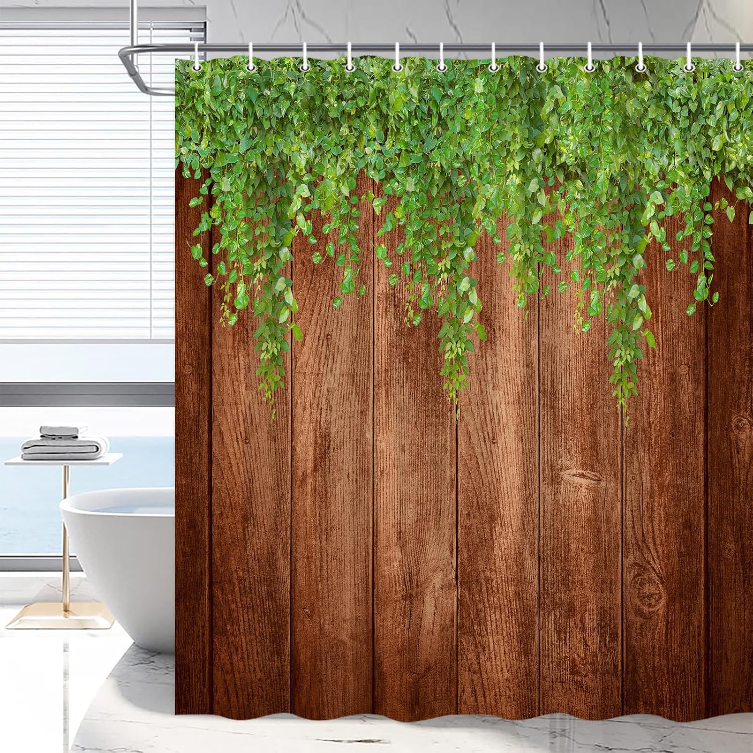 

Green Leaf Wooden Panel Shower Curtain Vintage Style Landscape Flower Plant Vine Summer Rustic Bathroom Decoration Polyester W60H190(CM)-1 Pcs