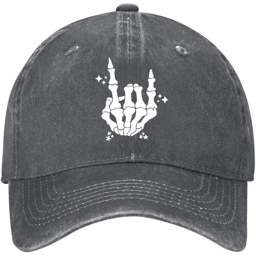 Skeleton Rock Hand Sign Baseball Cap Punk Cotton Washed Adjustable Hat for Men Women Outdoor