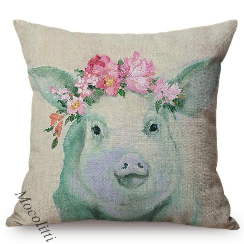 Animal Throw Pillow Case Flowers Water Color Decoration Square Cushion Cover Cattle Horse Alpaca Linen Bed Sofa Cushions Cover